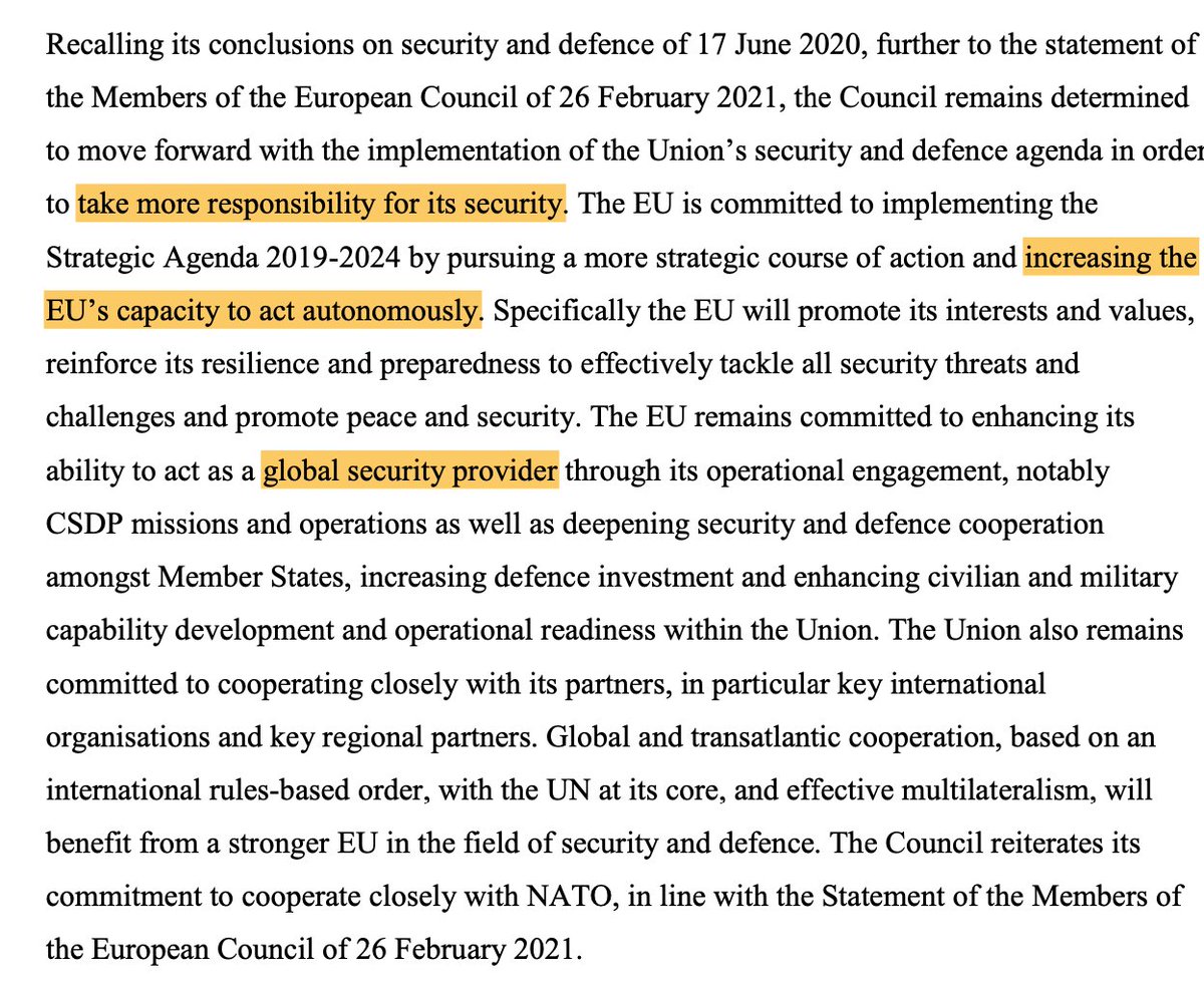 1/ The ambition: Instead of using the sometimes controversial terms of "strategic autonomy" or "European sovereignty", the document simply underlines Europe's ambition to "take more responsibility for its security" and "act autonomously" to become a "global security provider".