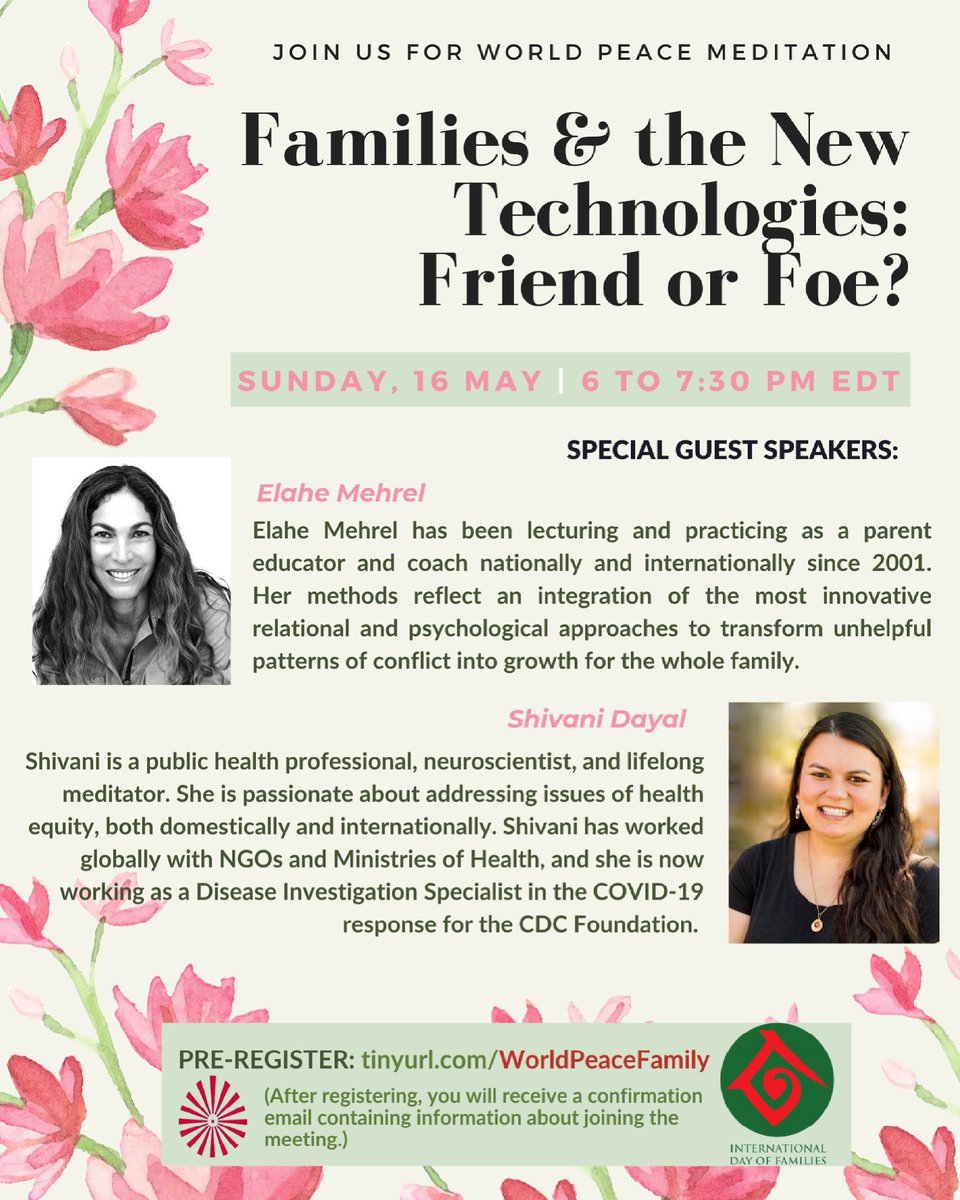 MiamiBK's tweet photo. Special invitation
Sun, 16 May 6 to 7:30 PM EDT
WORLD PEACE MEDITATION - Families & the New Technologies: Friend or Foe?
with guests #ElaheMehrel & #ShivaniDayal
‼️Pre-Registration OPEN‼️ : https://t.co/m0MhlINN96
#parentEducator #psychological #neuroscientist #cdcfoundation https://t.co/mxXKvjU3w3