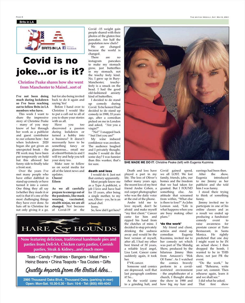 Britsinla's tweet photo. Have you read the latest issue of the British Weekly? This week guest columnist Christine Peake tells us about her foray into the world of stand up comedy
Visit https://t.co/kscnNGSa2K 
Want to be our featured member?
Email Us for details #BritishWeekly #BritsinLA #MeetAMember https://t.co/QXNKgHvh3p