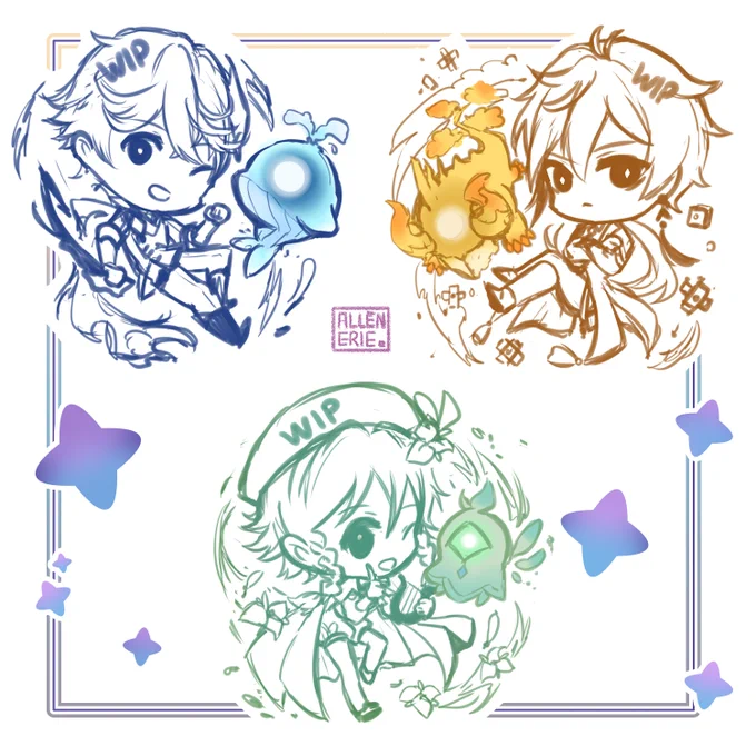 WIP for upcoming genshin  merch!? thinking of either charm or standee rn but im hoping to get these done soon! im slowly working on my patreon too since some of these later will be available for early access buying for the patrons! still working on the idea but its getting there! 