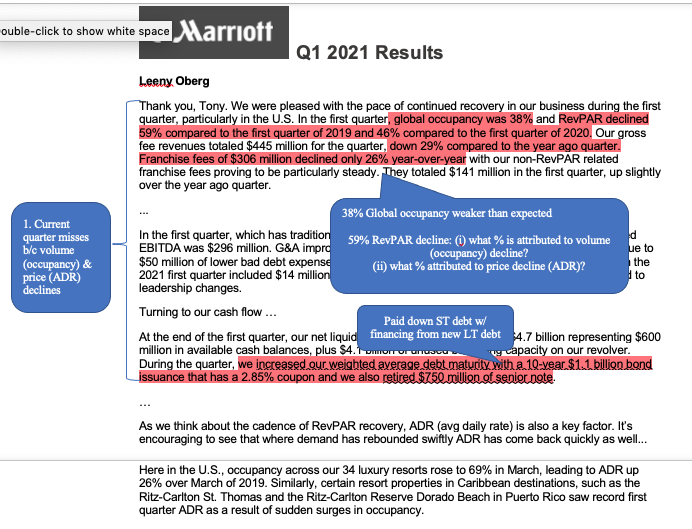 2b/ Prepared remarks - CFOWhile CEO focuses on high-level strategy, CFO focuses on low-level financial metrics.Typical flow:1. Current quarter beats, misses, & why?2. Guidance for next Q & fiscal year3. Assumptions for modeling revenue & profit(Marriot Q1 example cont'd)