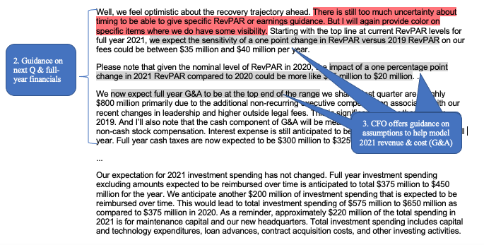 2b/ Prepared remarks - CFOWhile CEO focuses on high-level strategy, CFO focuses on low-level financial metrics.Typical flow:1. Current quarter beats, misses, & why?2. Guidance for next Q & fiscal year3. Assumptions for modeling revenue & profit(Marriot Q1 example cont'd)