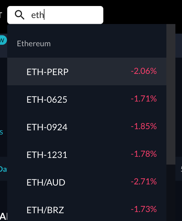 4/nSearch for  $ETH-PERP(etual) Futures. This one here.Once selected, you'll see it looks the same as if you were buying ETH-USD, except for some extra details on the right. You'll wanna pay particular attention to the two %s that the arrow is pointing to.