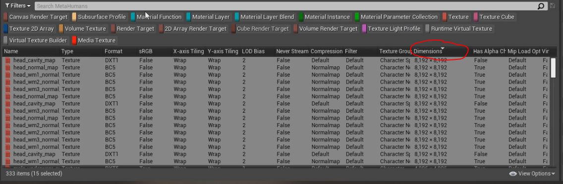 iBrews's tweet photo. Are you making a #UE4 mobile #VR thing that for some reason (say... #MetaHumans) has a ton of 8k textures that will eat your RAM for breakfast? Fear not!
1) Filter Textures
2) Sort by Dimensions
3) Bulk Edit via Property Matrix
4) Change LOD Bias to 1 for 4k or 2 for 2k
#ue4tips https://t.co/uURA0STP2o