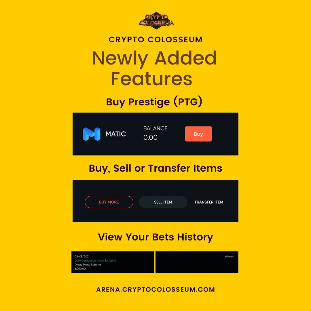 CryptoColosseum's tweet image. Things have advanced with some sweet new features (and of course more on the way)

- You can buy Matic directly in the app now using @RampNetwork !
- You can Buy, Sell or Transfer Items
- You can view your Bets History 

Explore now: arena.cryptocolosseum.com
