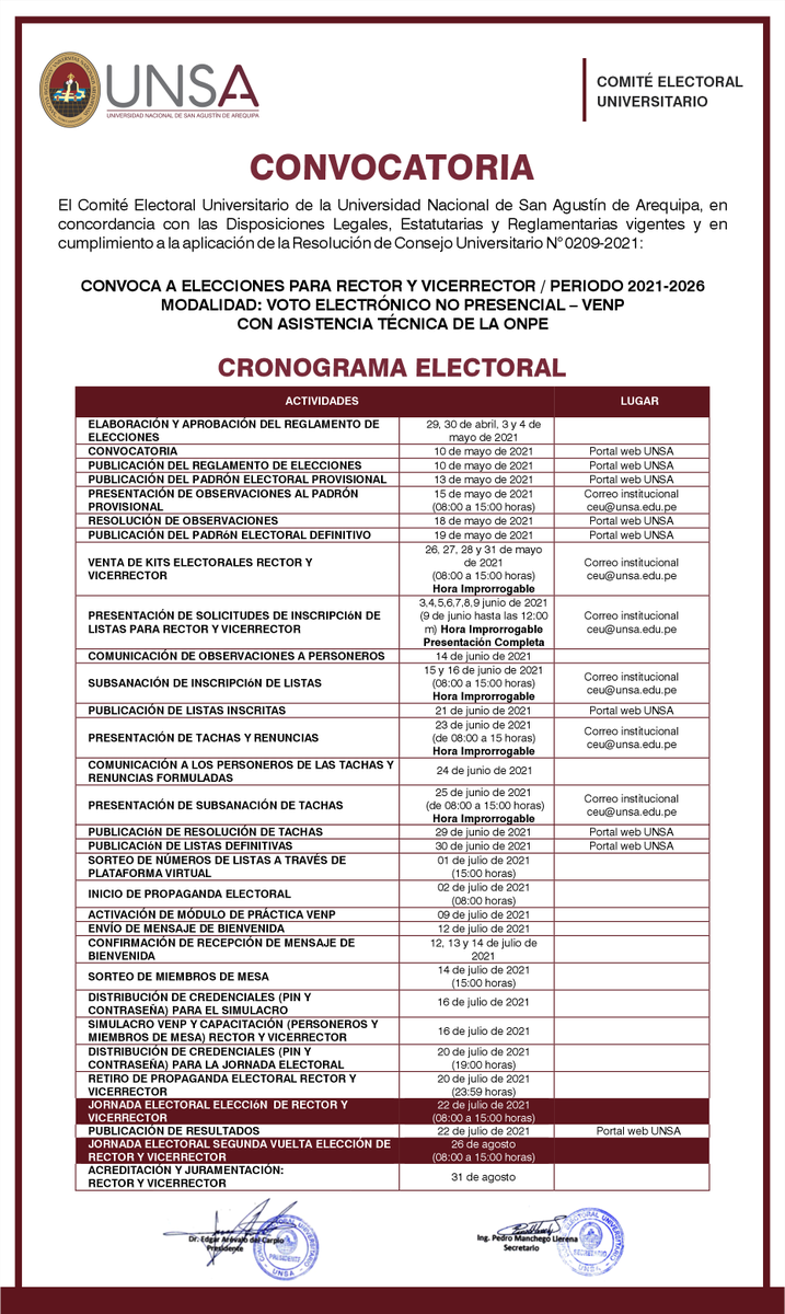 UNSA_Oficial's tweet photo. El Comité Electoral Universitario de la #UNSA, convoca a:
- Elecciones para Representantes ante Asamblea Universitaria y Consejo de Facultad
- Elecciones para Rector y Vicerrector / Periodo 2021 - 2026

👉 https://t.co/h8BVYUu1qT https://t.co/A6jFM1X9pC