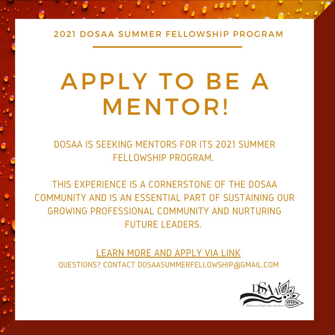 Now accepting applications for the 5th annual DoSAA Summer Fellowship Program!

Follow link for complete details and application links:

docs.google.com/document/d/1pu…

#asianamericanpsychologicalassociation #divisiononsouthasianamericans #mentoringprogram #dosaasummerfellowshipprogram