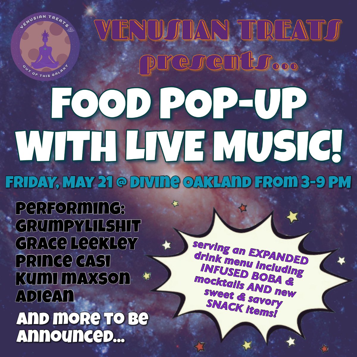 NEW POP UP ANNOUNCEMENT! 🪐🧋✨ We are so excited to be hosting at Divine Oakland next Friday, May 21 from 3-9PM! Come on out to experience some live music, get some handmade jewelry, and of course — eat some yummy infused treats 🥰