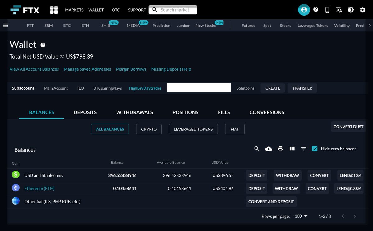 2/nI've got a few subaccounts on FTX. Highly recommend you do this, because each one is isolated. If you mess up and lose it all in one subaccount, the rest aren't impacted.In this account I've got some  $ETH and some USD. You will need something there as collateral.