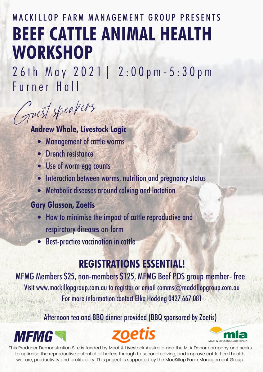 MFMG Beef Cattle Animal Health Workshop

26th May 2021

Guest speakers: Andrew Whale, Livestock Logic and Gary Glasson, Zoetis.

Registrations essential! Register here: bit.ly/3hgXvsh
<a href="/meatlivestock/">Meat & Livestock Australia</a> <a href="/Zoetis/">Zoetis</a>