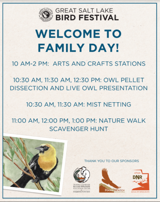 GSLBirdFest's tweet photo. Great Salt Lake Bird Festival FREE Family Day Saturday May 15 10 a.m. - 2 p.m. Registration required by Wed May 12 5 p.m.!

Register here > https://t.co/SXer1BJPa8

#gslbirdfest https://t.co/bAN23xdyA9