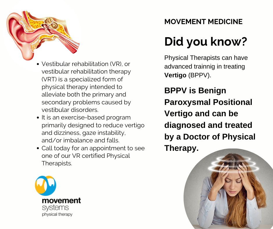 MoveSysPT's tweet image. Contact us today to see one of our specialists in Vestibular Rehabilitation! 
206-405-1864
movementsystemspt.com
#movementmedicine
#vestibularrehab