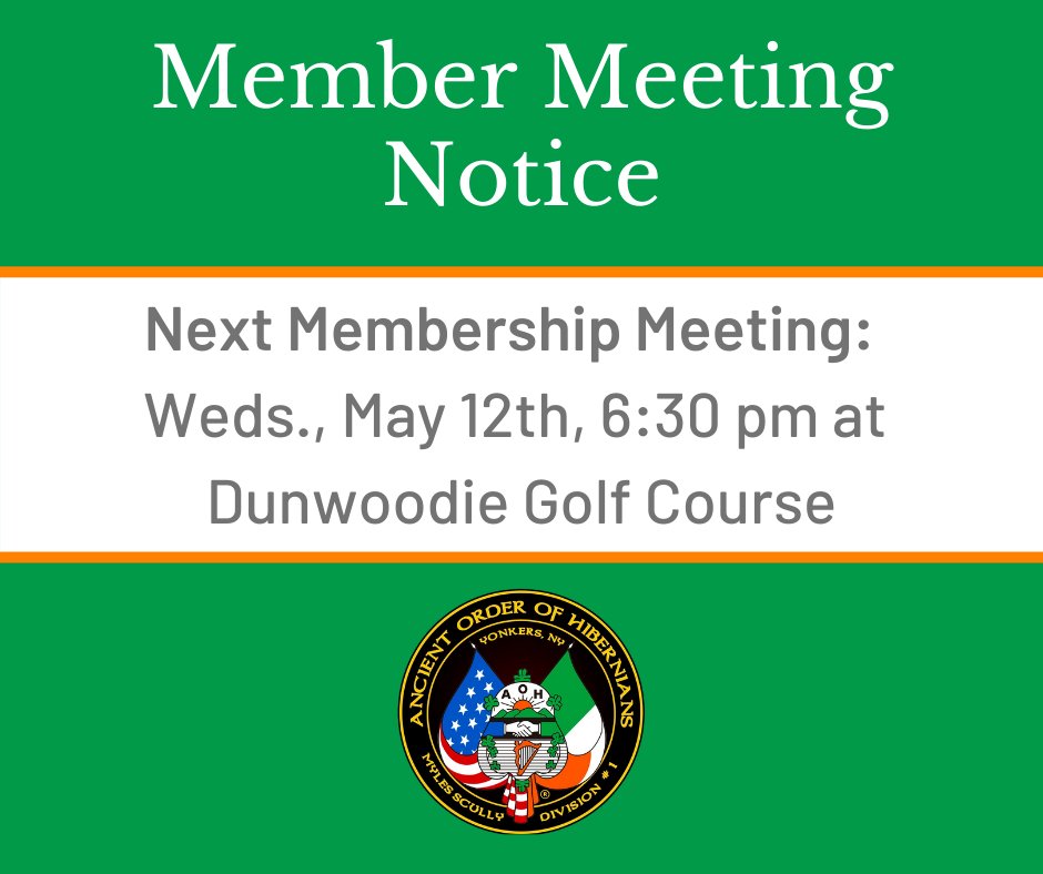 May Member Meeting: 6:30pm, this Wednesday, May 12th at Dunwoodie Golf Course, Yonkers.