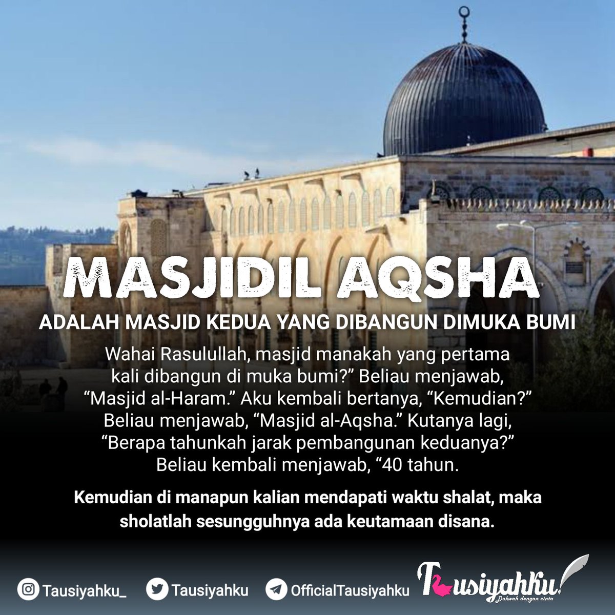 Masjid Al Aqsha merupakan masjid kedua yang diletakkan Allah di muka bumi setelah Masjidil Haram, sebagaimana dalam hadits (HR Ahmad)

#GazaUnderAttack #AlAqsaUnderAttack #Palestine #PalestineWillBeFree