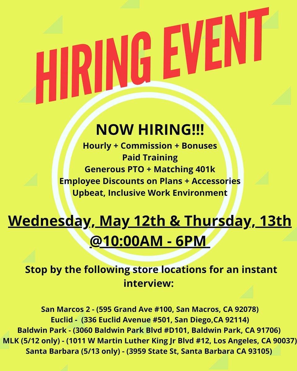Reminder...we're hiring!! Come join our fantastic family! Open interviews 5/12 &amp; 5/13!!!! #Teamwork #tmobilefamily #tmobilecareers #recruiting #jobfair #jobseekers #jobpostings #jobhunt #careers #salesjobs #nowhiring #work #california #staffing #lasangeles #sandiego #workwithus
