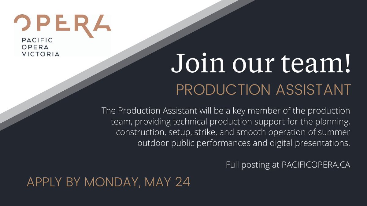 Join our team for the summer!

We are looking for a Production Assistant to be a key member of the production team &amp; provide technical production support for the smooth operation of summer outdoor public performances &amp; digital presentations

Full posting: pacificopera.ca/about-us/caree…