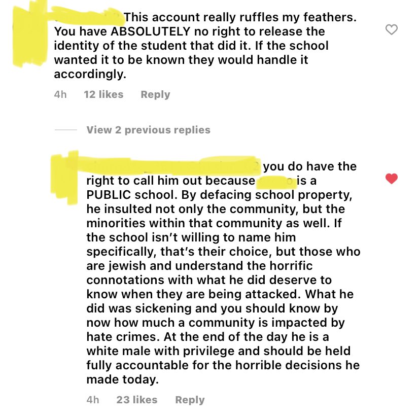 our school has a minorities page, and the comments under the post regarding this situation are unnerving so just a warning. (the name of the person who did it, my schools name, and usernames are blurred out for safety reasons)