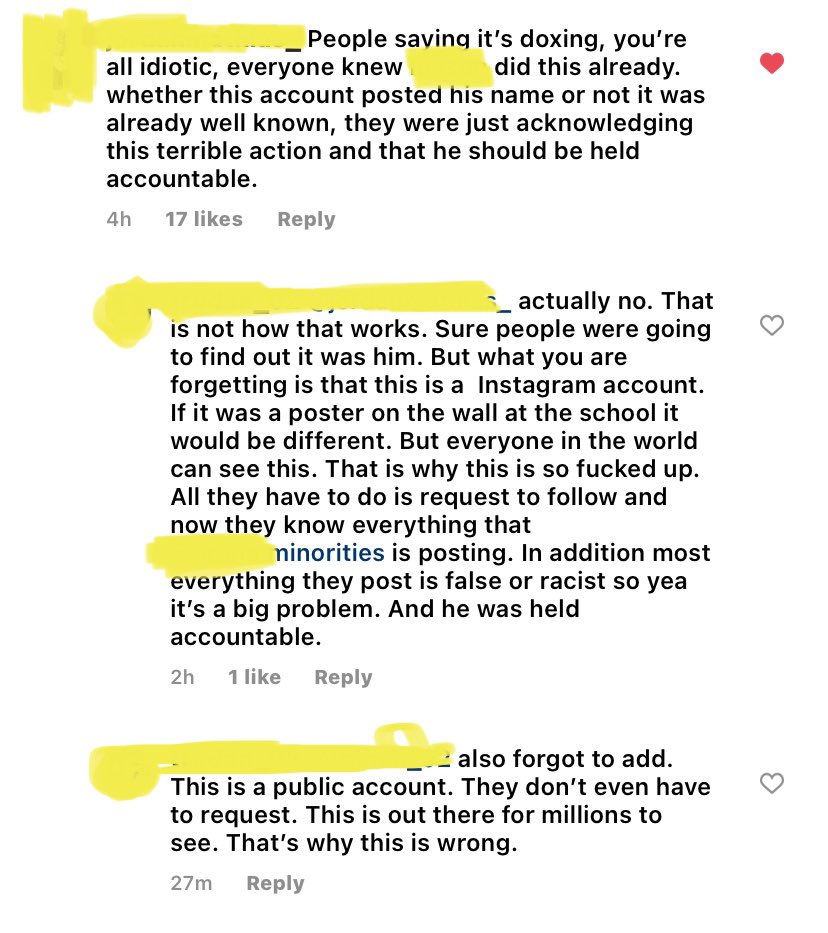 our school has a minorities page, and the comments under the post regarding this situation are unnerving so just a warning. (the name of the person who did it, my schools name, and usernames are blurred out for safety reasons)