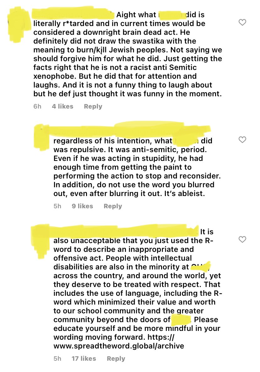 our school has a minorities page, and the comments under the post regarding this situation are unnerving so just a warning. (the name of the person who did it, my schools name, and usernames are blurred out for safety reasons)