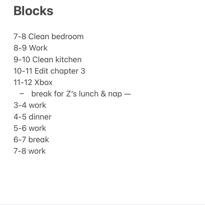 Here’s a list of today’s Work Blocks for myself.