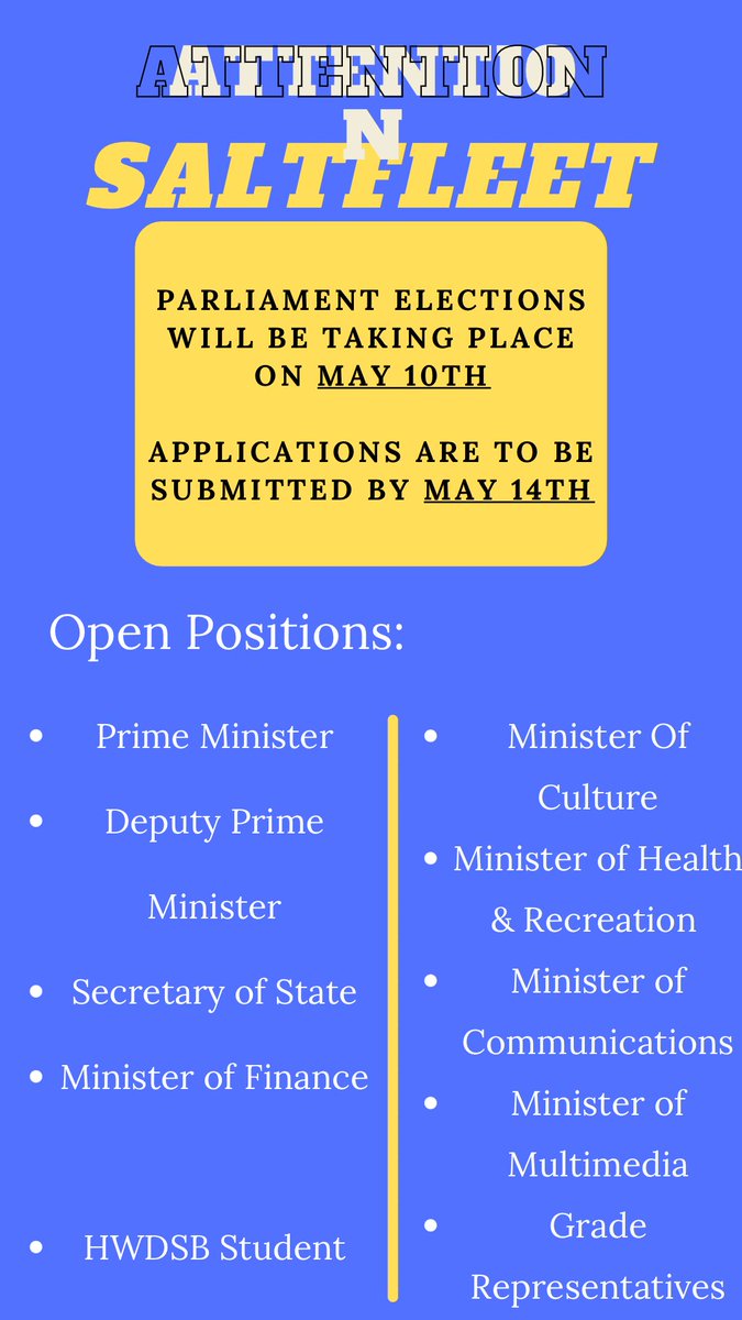Attention Saltfleet Students... Saltfleet Student Parliament executive role application is now available in our bio OR in the bio of @sdhd_stuparl on instagram! Apply now, applications are closing May 14th!