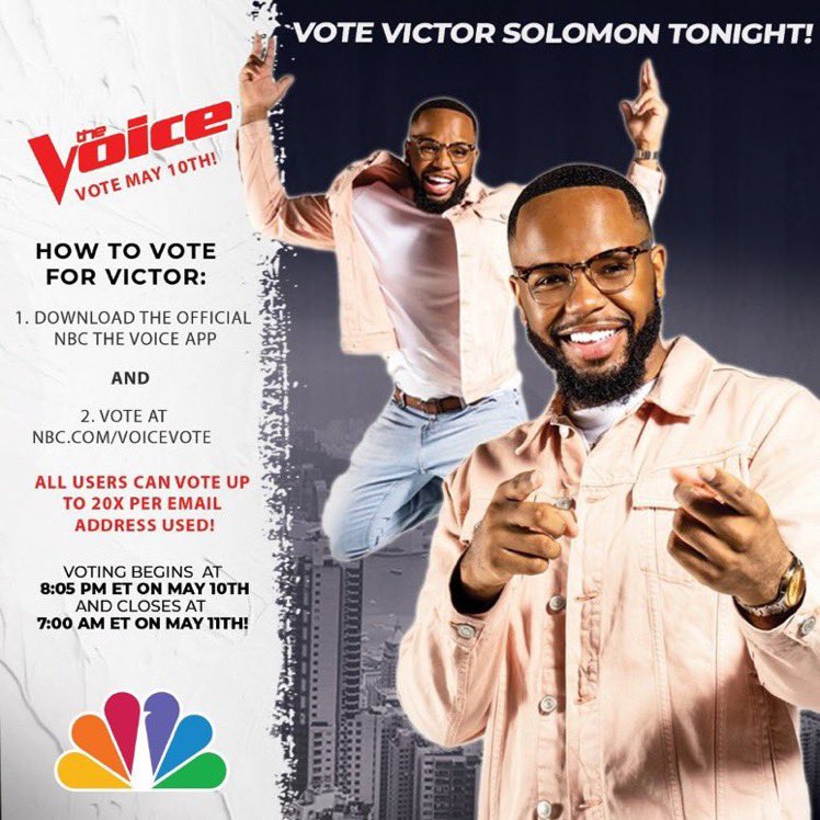 TONIGHT IS THE NIGHT🤩 VOTE for VICTOR SOLOMON 10x on the Voice app and 10x on the website nbc.com/voicevote per email address!! ✅Voting OPENS 8:05pm EST and CLOSES 7am EST Tuesday morning! #SOLONATION #STANDUP #thevoice  #teamvictor #teamlegend  #VIConTheVoice #NCAT#HBCU