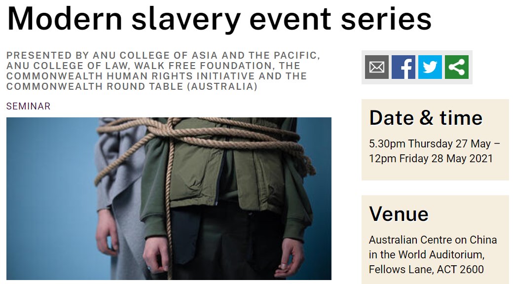 What role for multilateralism on #ModernSlavery?

@ANU_Law events 27 + 28 May feat. @HonJulieBishop @Lisa_Singh @WalkFree @justine_nolan @CHRI_UK @ANUasiapacific 
#Achieve87 #auspol 
law.anu.edu.au/event/seminar/…