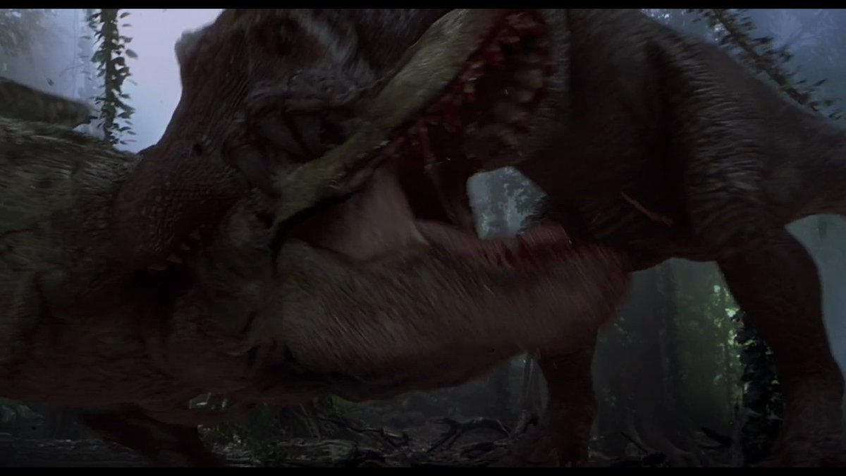 And SNAP! Spinosaurus snapped T-Rex's neck.T-Rex is dead.And that's why people think this is the worst scene in all of dinosaur movie history.Because they couldn't stomach seeing a T-Rex lose a fight to another big dinosaur.  #JurassicThreewatch