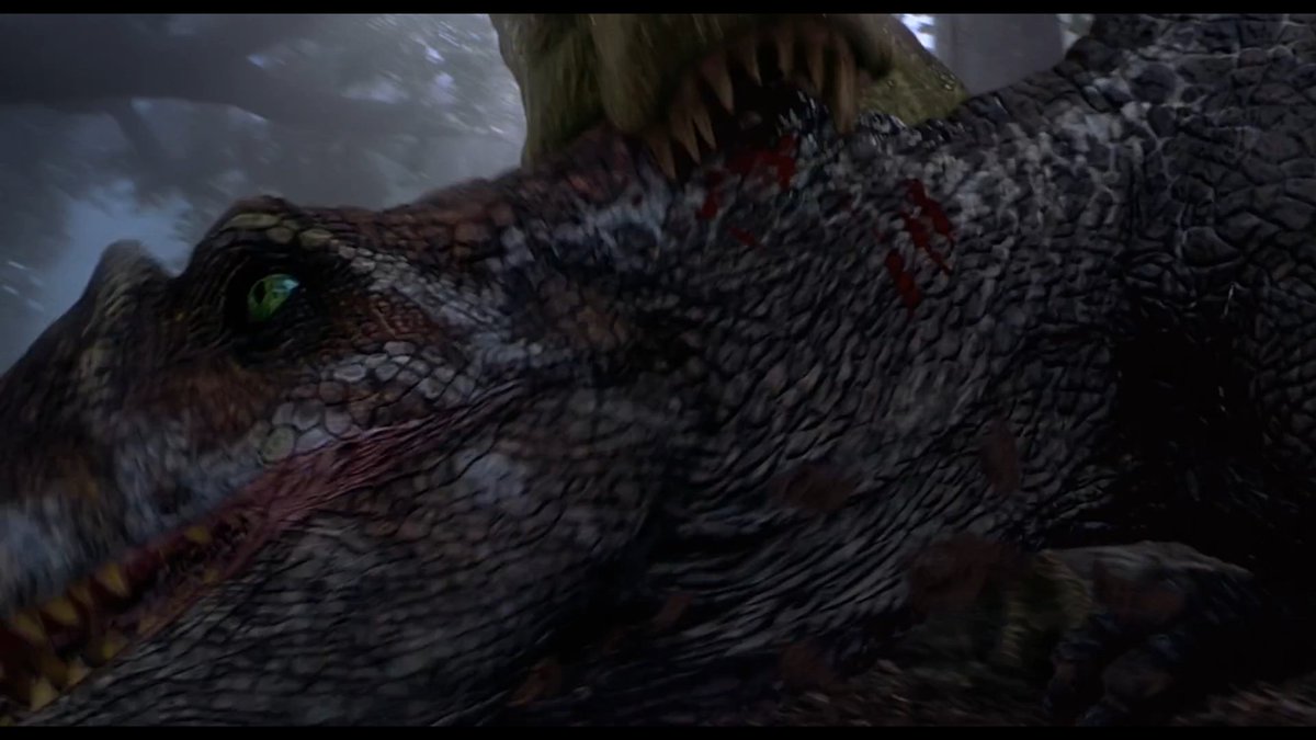 T-Rex bites into Spinosaurus' neck, I love the distinct colour choices here by the way, T-Rex is green and yellow while Spinosaurus is brown and white.  #JurassicThreewatch