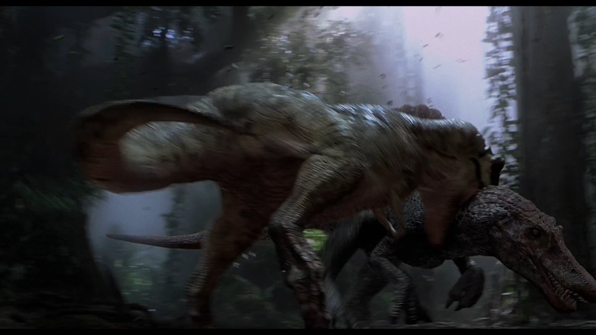 They wrestle for a bit, Spinosaurus gets free and then bites into T-Rex's neck. The switching between CGI and practical effects actually work really well here, the dinosaurs don't feel weightless like many CGI fights tend to.  #JurassicThreewatch