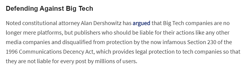 13/ I suppose when you're speaking to the audience Greenfield is, citing to Dershowitz seems like a good idea. But of course this is nonsense. There is no platform vs. publisher distinction in Section 230. Websites simply are not liable as publishers for user-generated content.