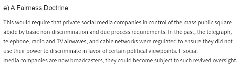 24/ This is breathtaking. The Fairness Doctrine applied to telegraph, telephones, and cable? No it certainly didn't. The kicker: Greenfield founded the Reagan Legacy Foundation! So he has no idea what the Fairness Doctrine was, and seems to be unaware that Reagan's FCC killed it!