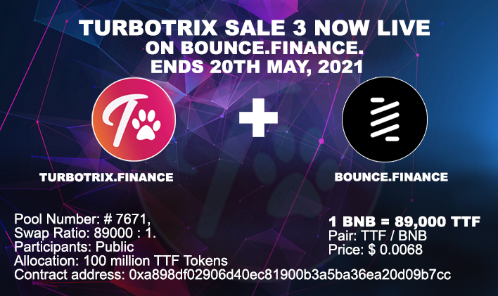 OUR 3RD PRE SALE IS NOW LIVE ON BOUNCE.FINANCE Bounceswap Participation Pool Link-
app.bounce.finance/fixed-swap/7671
(First Come First Serve Basis)✅💸
50% Liquidity Pool will be locked for 1 year✅
🐶Step-by-Step Guide To Participate using Trust Wallet: turbotrix.finance/TurboTrix-Pres…