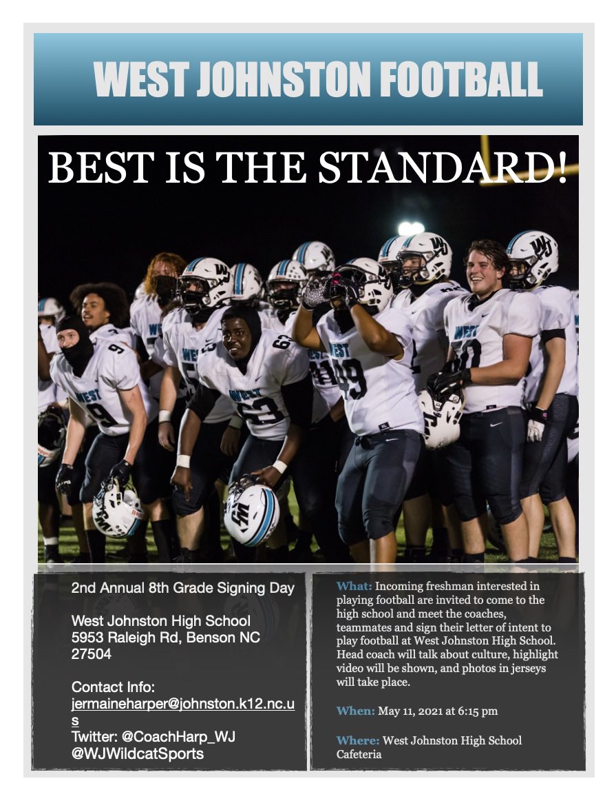 CoachHarp_WJ's tweet photo. I can’t wait to meet future wildcats and parents tomorrow at the 8th grade signing day! #BestIsTheStandard #ChangeYourMindset https://t.co/L6hvSN7ePh