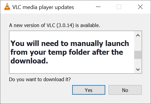 The latest VLC update tells you via a popup that the installer will not auto-launch due to a bug, and directs you to manually launch the installer from your temp folder without giving any pointers or directions to where that might be, and if that doesn't sum up the state of FOSS