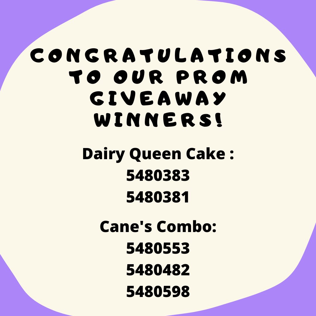 Congratulations to the prom raffle winners!! You can come pick your prize up in c100 tomorrow. You must have your half of the ticket to claim!