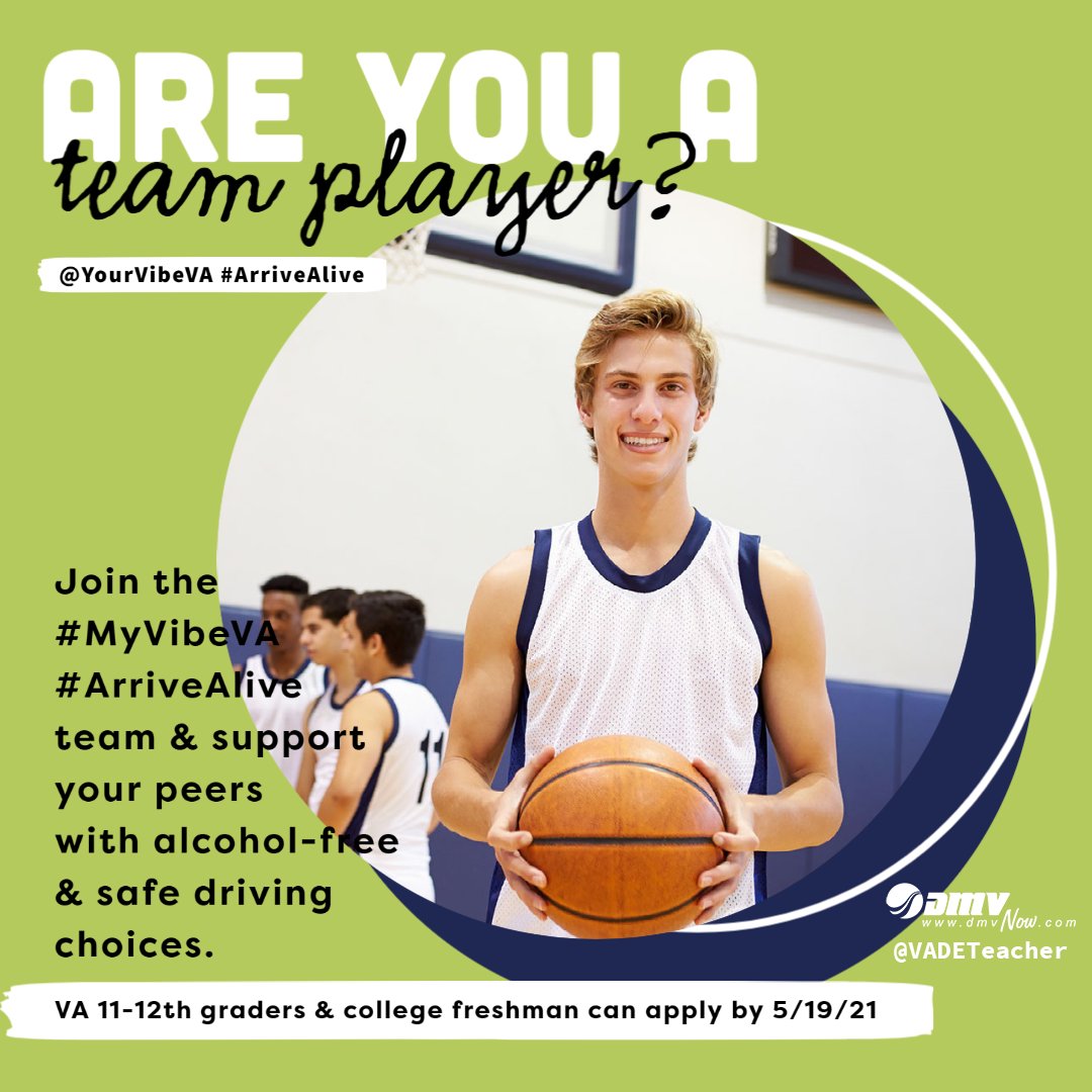 YourVibeVA's tweet photo. Are you a team player? Join the #MyVibeVA #ArriveAlive team & support your peers with alcohol-free & safe driving choices. Virginia 11-12th graders & college freshmen can apply by May 19 to earn up to $200-300: https://t.co/d0FTntBcM5 #PeerLeadership #VATeenDriver https://t.co/f3VYD8h5a9