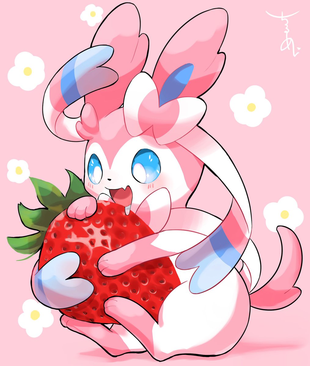 sylveon no humans pokemon (creature) food strawberry fruit holding blue eyes  illustration images