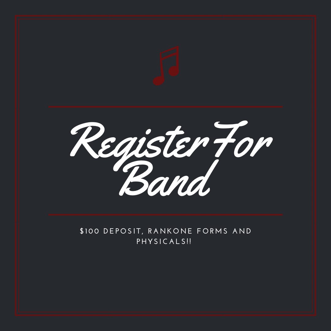 Here's a friendly reminder for 2021-2022 returners to please register for band! In case you need a refresher checklist: you need to fill out the google registration form, complete and sign all 3 RankOne forms, submit $100 deposits (due 5/11), and submit physicals (due 8/1)!