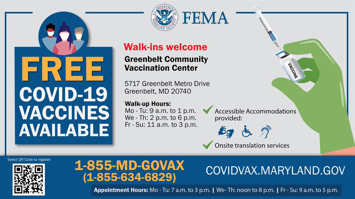 Reminder: The FEMA Community Vaccination Center at Greenbelt Metro Station is accepting walk-ups, but you can also schedule appointments in advance. Book an appointment at massvax.maryland.gov or 1-855-634-6829.