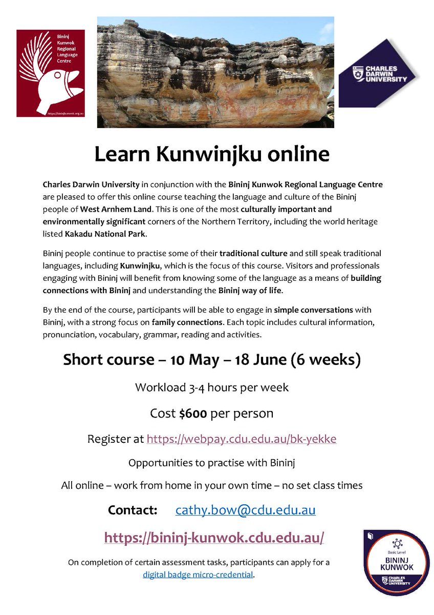 Northern Institute (@cdu_ni) on Twitter photo LEARN Kunwinjku & the culture of Bininj people West Arnhem Land ONLINE!
👉🏾6 wk course
👉🏾10 May -18 June
👉🏾no set class times
👉🏾3-4 hrs study per wk
👉🏾$600* per person
Classes are taught under the authority of @BininjKunwok 🖤💛❤️
Find out more bit.ly/3ezpYYx
<a href="/CDUni/">Charles Darwin University</a> LEARN Kunwinjku & the culture of Bininj people West Arnhem Land ONLINE!
👉🏾6 wk course
👉🏾10 May -18 June
👉🏾no set class times
👉🏾3-4 hrs study per wk
👉🏾$600* per person
Classes are taught under the authority of @BininjKunwok 🖤💛❤️
Find out more bit.ly/3ezpYYx
<a href="/CDUni/">Charles Darwin University</a>