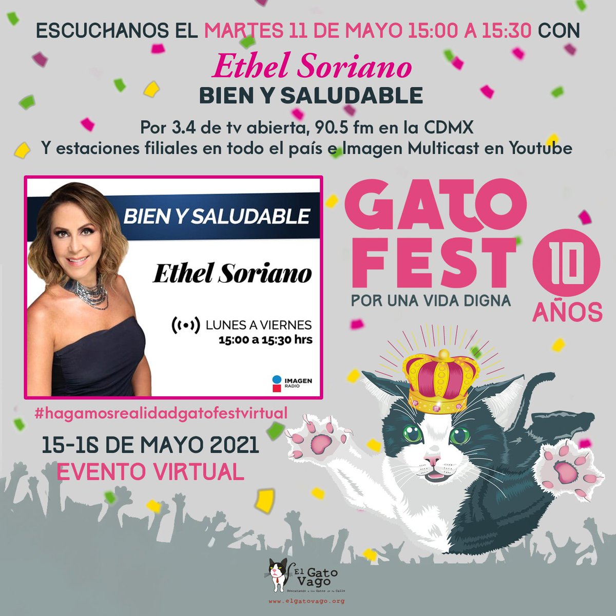 Gato_Fest's tweet photo. Amig@s, con mucha alegría les invitamos a esta cita con @Ethel_Soriano en @ImagenTVMex (3.4 de tv abierta) y 90.5 fm el martes 11 de mayo a las 15h. Los contaremos detalles acerca de este gran evento 😻
#gatofest2021 #gatofestvirtual #virbacpatrocinadorgatofest https://t.co/6EXcuG6sWl
