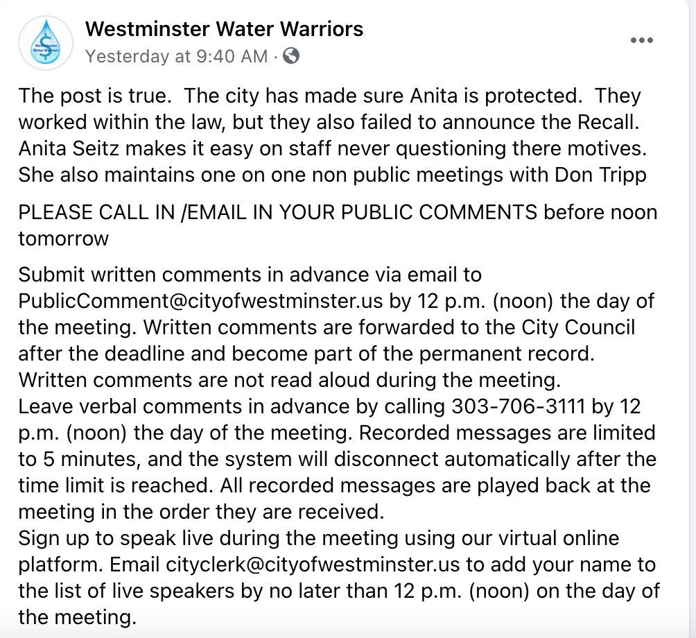 Again, there is a reason for all these comments. The Facebook post from the Westminster Water Warriors, encouraging people to submit public comments.  #copolitics