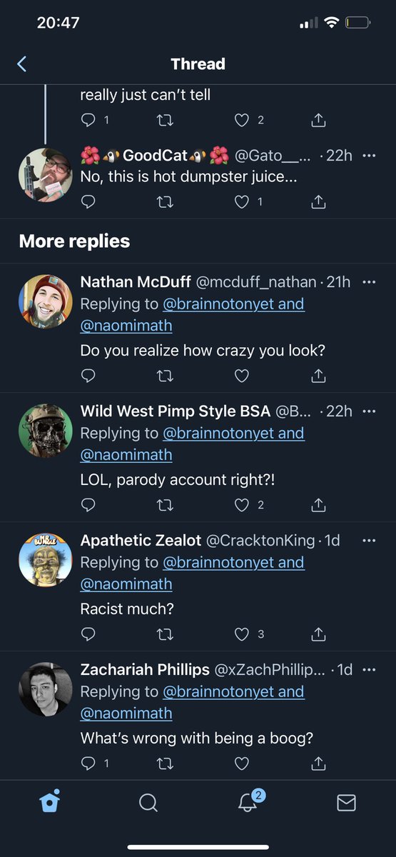 Blocked all of these accounts after they commented on this thread.  @naomimath has lots of boog and racist friends.