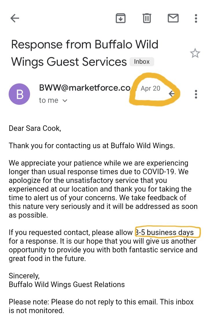 LJC00K's tweet photo. @BWWingsCares really crushing it.  Going on 3 weeks of no reply to the unsatisfactory service inquiry, after apologizing for the initial lack of reply. https://t.co/uz4HNLk7as