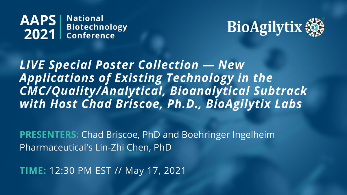 BioAgilytix (@bioagilytix) on Twitter photo Are you attending this year's National Biotechnology Conference put on by <a href="/AAPSComms/">American Association of Pharmaceutical Scientists</a>? <a href="/chadjbriscoe/">Chad Briscoe</a> from BioAgilytix will be hosting a live panel discussion with a few poster authors. Register & learn from our thought leaders May 17-20, 2021: bit.ly/3eVmgaJ Are you attending this year's National Biotechnology Conference put on by <a href="/AAPSComms/">American Association of Pharmaceutical Scientists</a>? <a href="/chadjbriscoe/">Chad Briscoe</a> from BioAgilytix will be hosting a live panel discussion with a few poster authors. Register & learn from our thought leaders May 17-20, 2021: bit.ly/3eVmgaJ