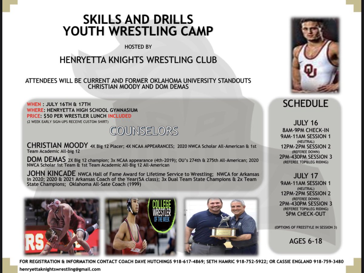 FGWrestling's tweet photo. This looks like it would be an awesome Camp. $50 is cheap for a two day camp with lunch and a T- Shirt. Only a hour drive. Plus @dombreezzy  is my Favorite Sooner. https://t.co/V19KjvHDj9