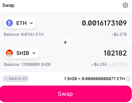 STEP 4: ON UniSwap— Choose ETH for the top section. Search for SHIB (you will have to add it) for the bottom. Type in desired ETH amount you will like to convert. Below is the amount @ 10:07PM 5/10/21. (13M is my amount)