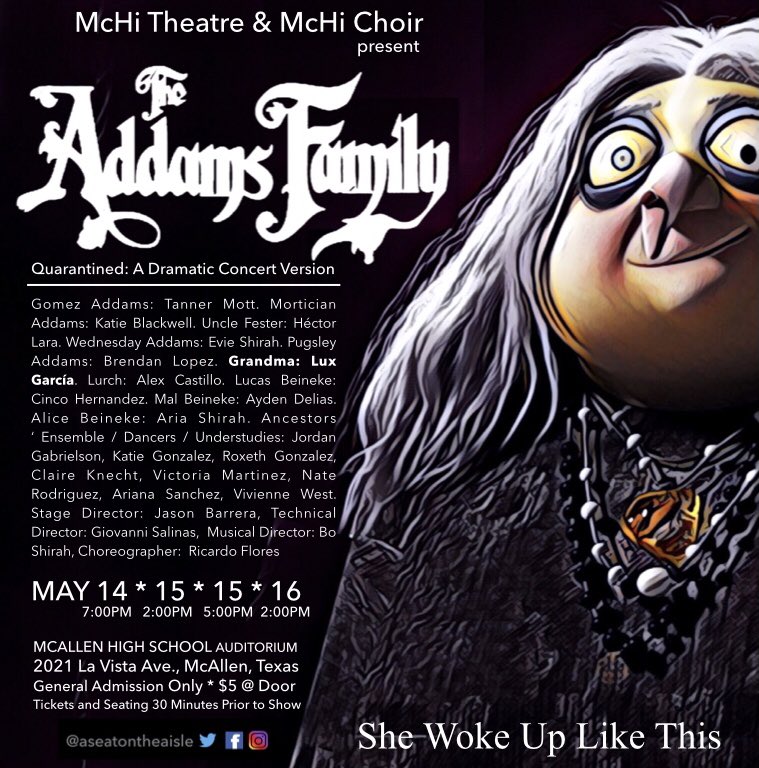 aseatontheaisle's tweet photo. The countdown continues! McHi’s production of ‘The Addams Family - Quarantined: A Dramatic Concert Version.’ May 14th, 15th, 16th. General Admission Only * $5 @ Door. Tickets and Seating 30 Minutes Prior to Show. McHi Auditorium. https://t.co/l0SS5GSb44