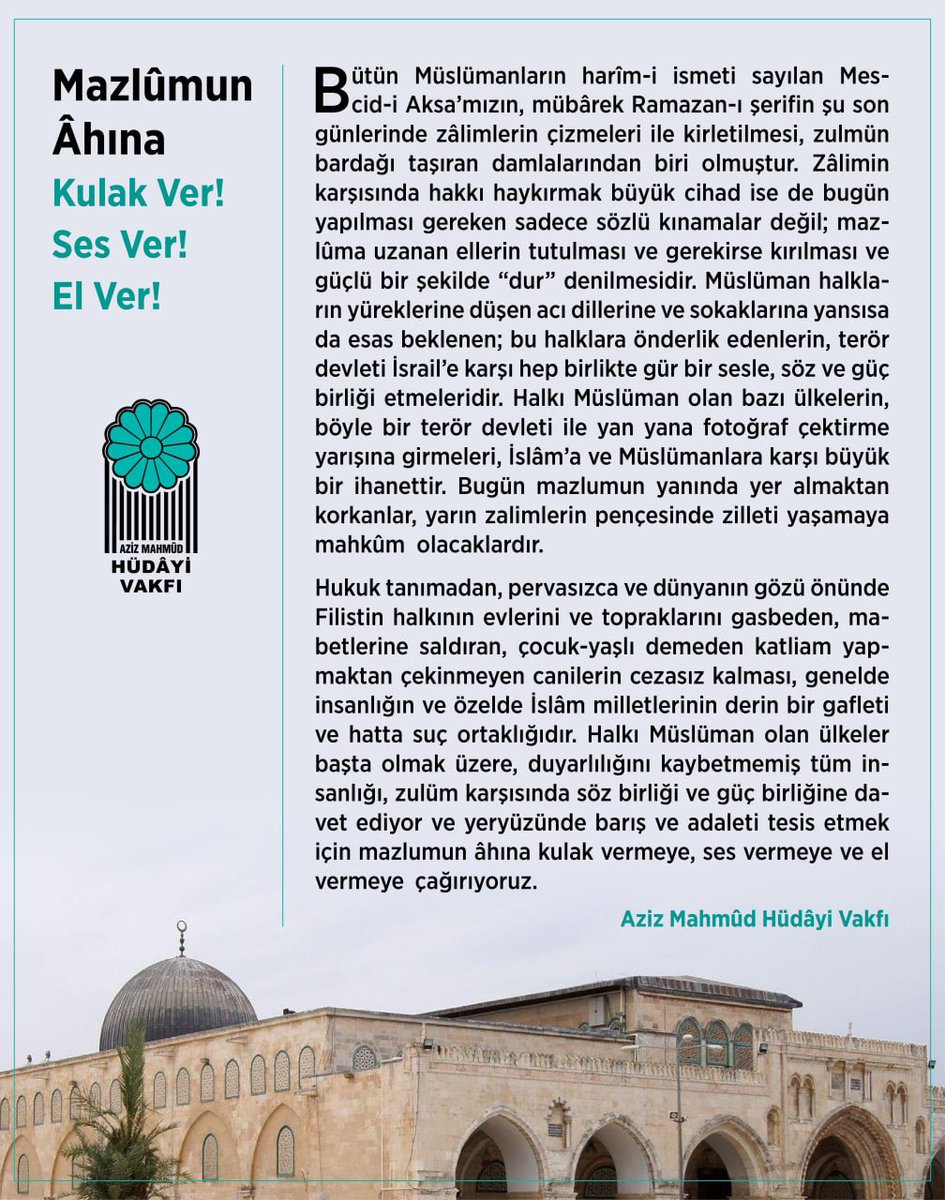 hudayivakfi's tweet photo. Mazlûmun Âhına
Kulak Ver!
Ses Ver!
El Ver! https://t.co/RURs75OPte